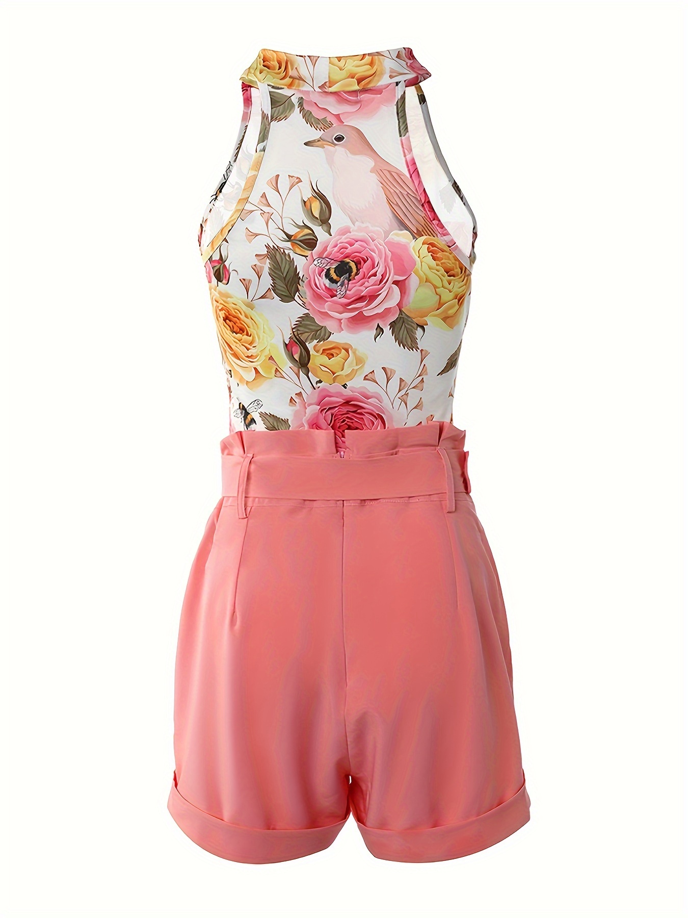 2-piece Kid Girl Floral Print Pompom Tasseled Tank Top and Shorts Set