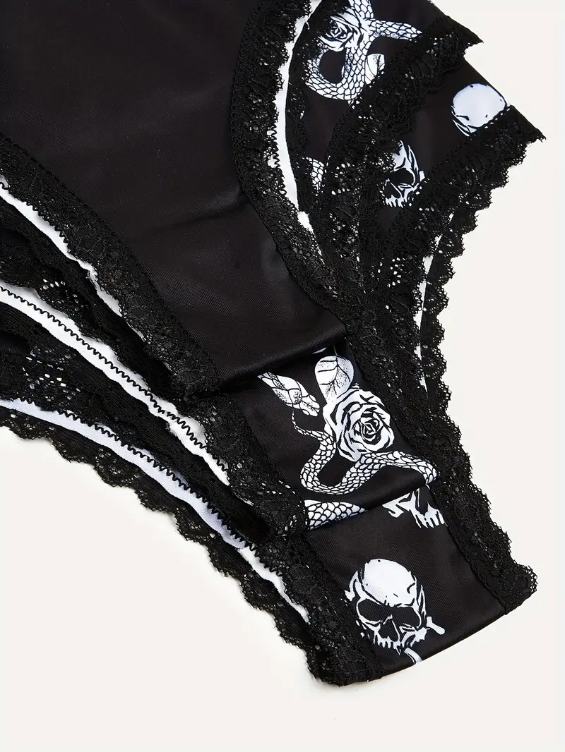 Lace Trim Panties Gothic Skull Floral Print Intimates - Temu Canada