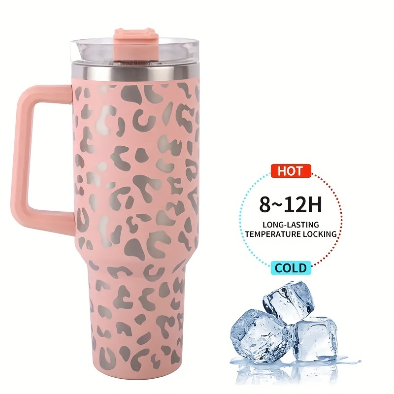 40 oz Tumbler with Handle and Straw Leak Proof 40 oz Cup Insulated  Stainless Steel Coffee Travel Mug Slim 40oz Pink Leopard Tumbler with  Handle