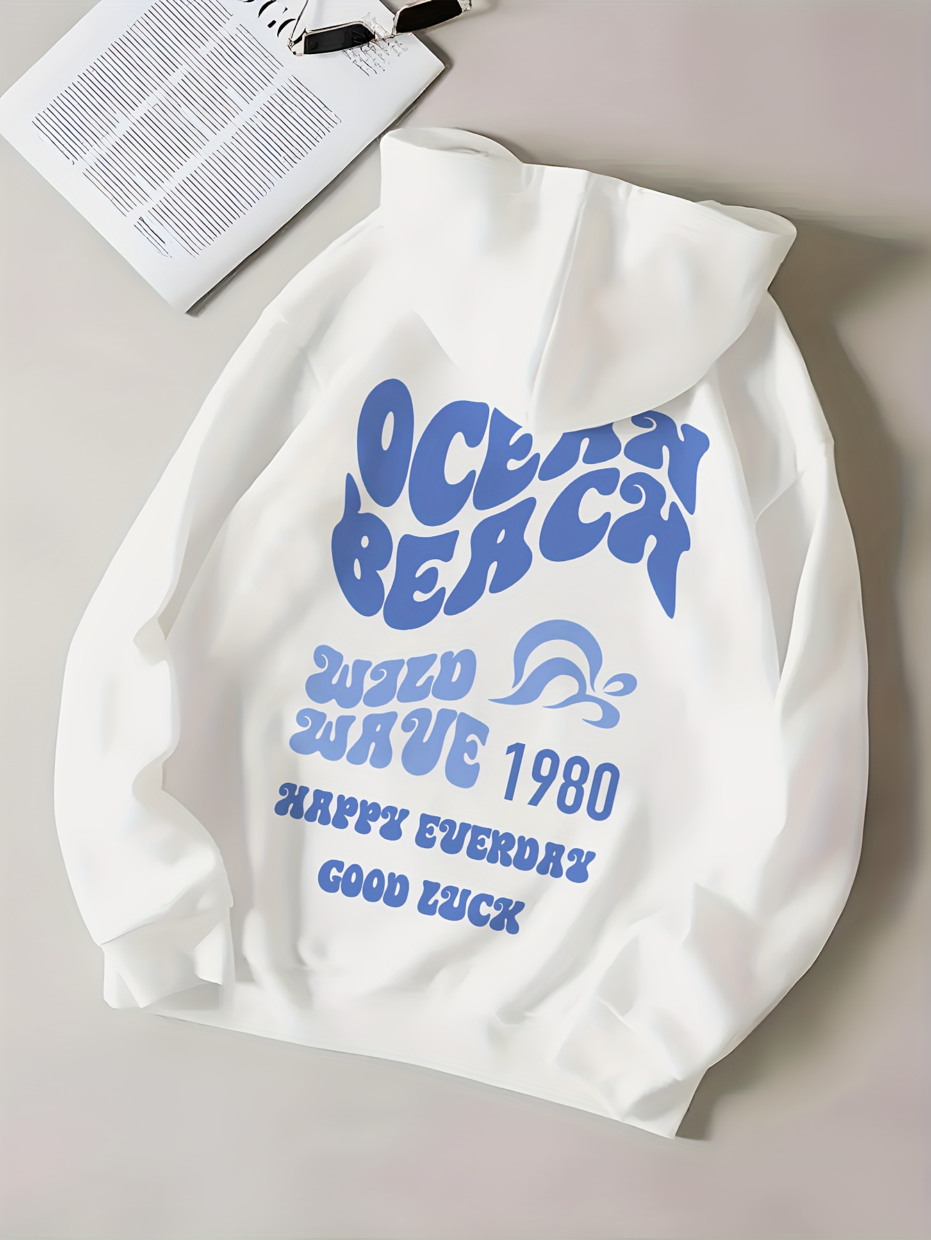 Ocean Beach Letter Print Hoodie, Casual Pocket Long Sleeve Drawstring  Hoodies Sweatshirt, Women's Clothing