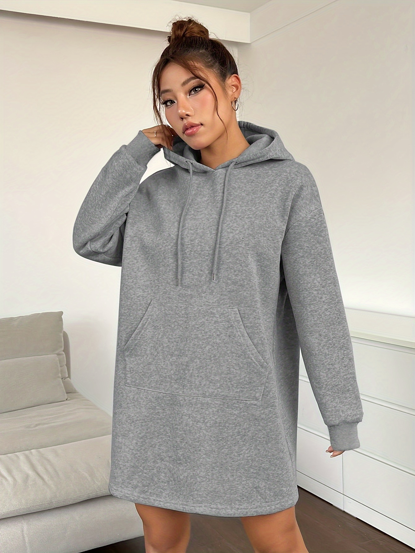 Women Loose Hooded Dress with Pockets Casual Long Sleeve