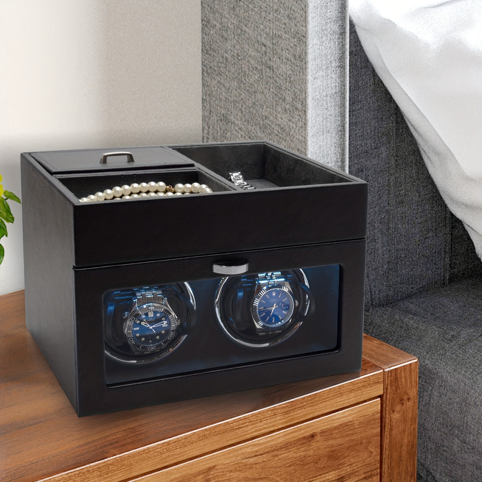 Embers Luxury Leather Mini Watch Winder Safe Box Orange Black Watch Storage  Box 4 Slots Safe Deposit Box With Atmosphere Lamp