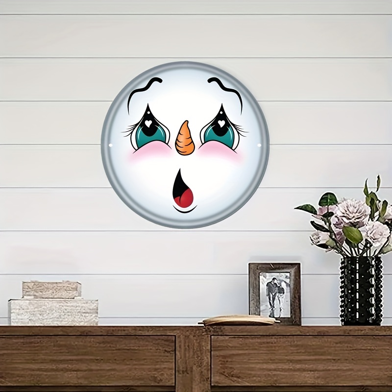 1pc Rustic Snowman Face Metal Tin Sign Round Wall Plaque For