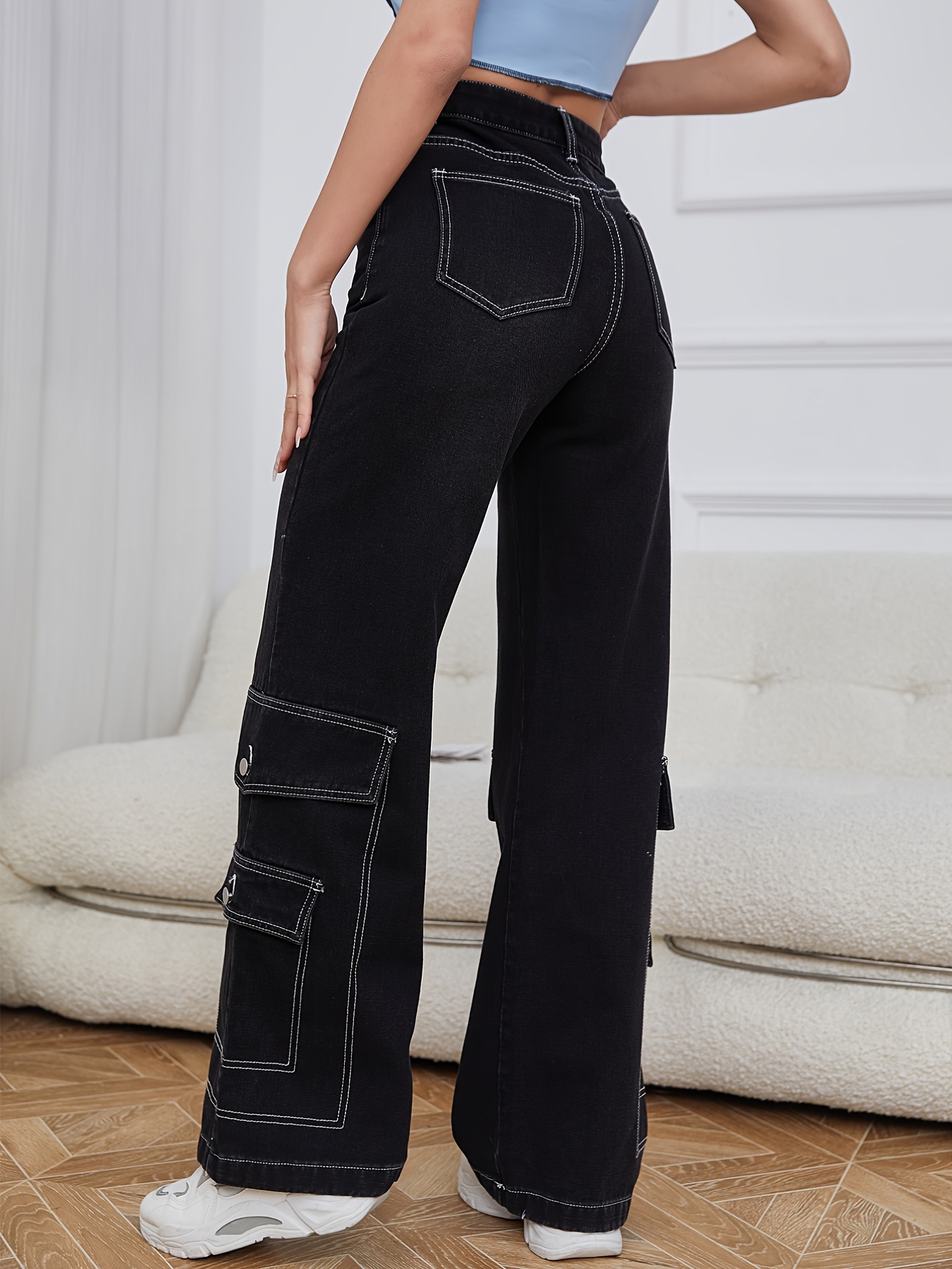 Pantalones de carga con bolsillos de solapa gris, pantalones vaqueros de  estilo Y2K y Kpop con cintura elástica y piernas rectas, jeans y ropa de  muje