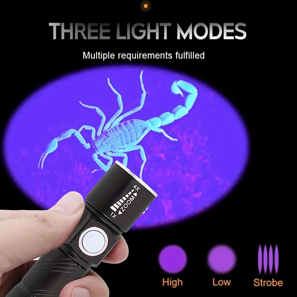 1pc Rechargeable Zoomable UV Flashlight Black Light 395nm,Ultraviolet  Flashlight Detector For Pet Urine Stain,Resin Curing,Scorpion Hunting