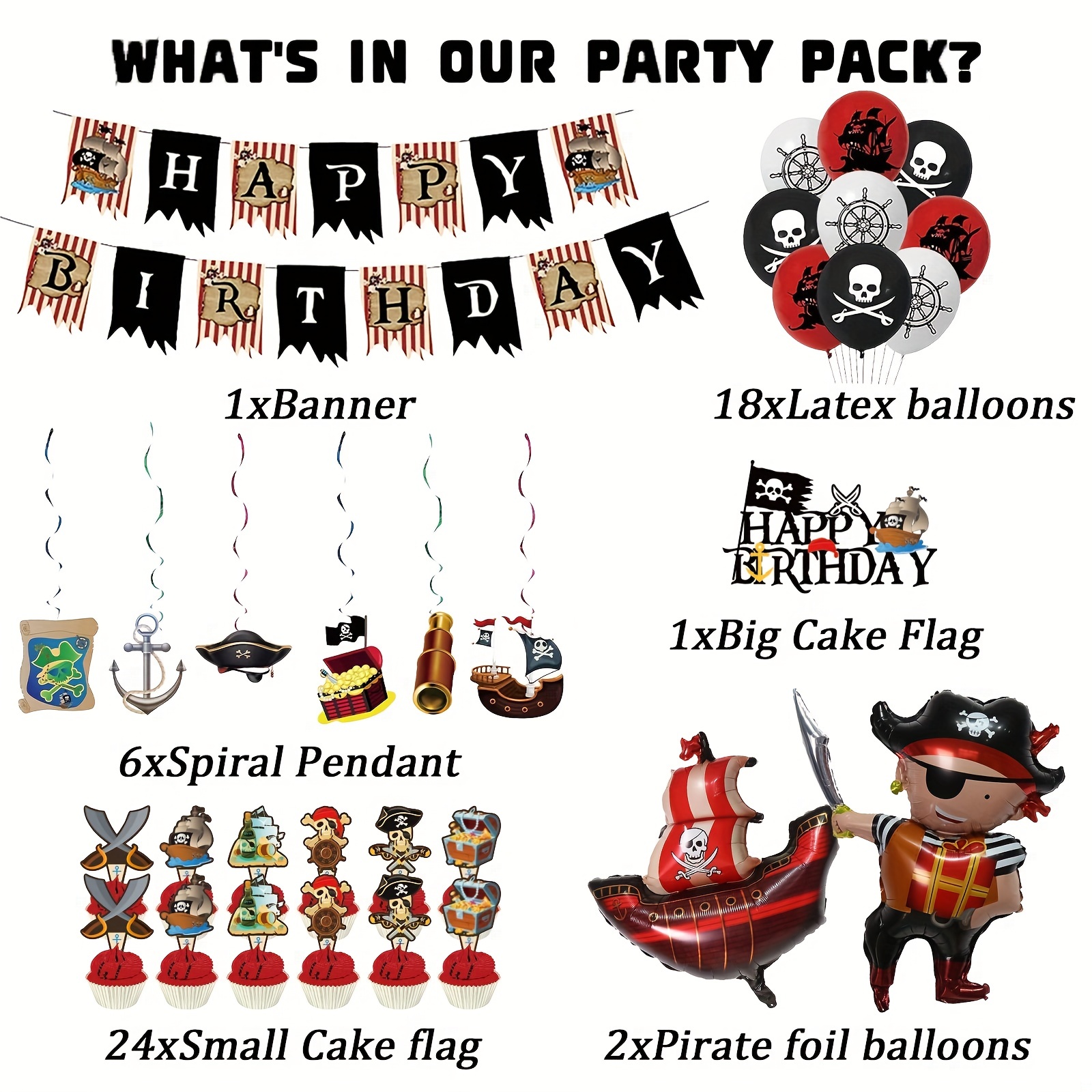 Set, Birthday Party Decorations * Party Decorations Kit, Including Cake  Decoration, Happy Birthday Banner, Latex Balloon Pirate Theme Aluminum F