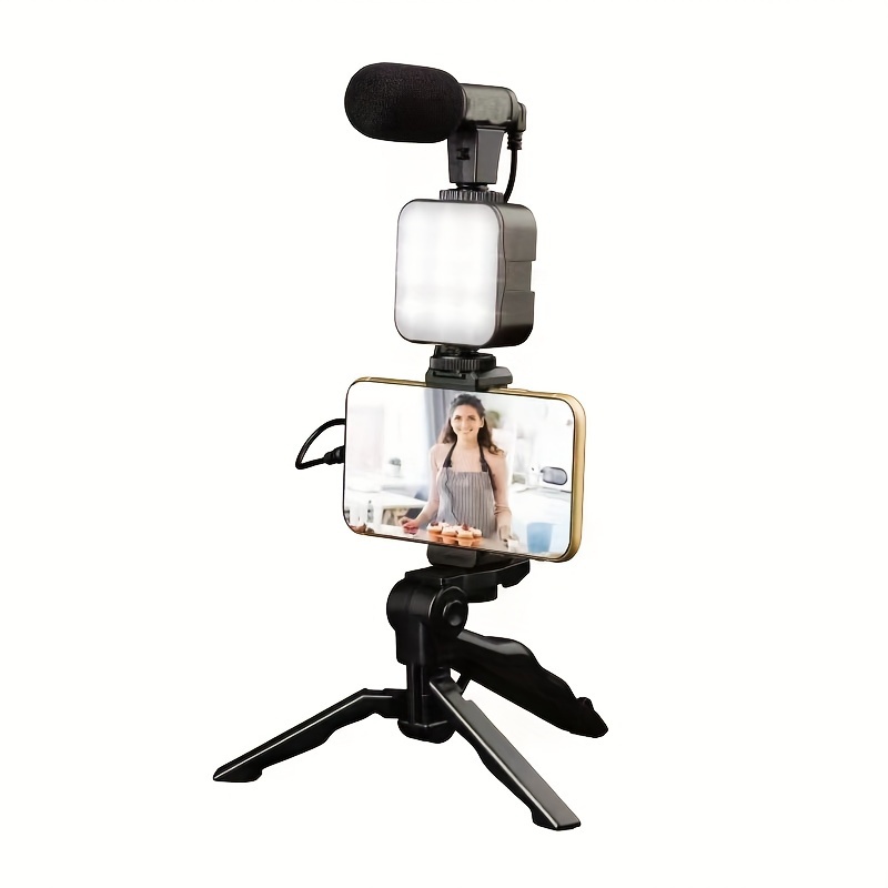 ay49 phone fill light tripod vlog selfie stick video remote camera stand mic set mobile vlogging kit for smartphone android cellphone vlog mic microphone led light tripod stand phone holder 3 colors mode camera video vlog making kit ay 49 vlogging kit with grip rig shotgun microphone with remote starter kit with mini microphone for live stream video calls vlogging details 2