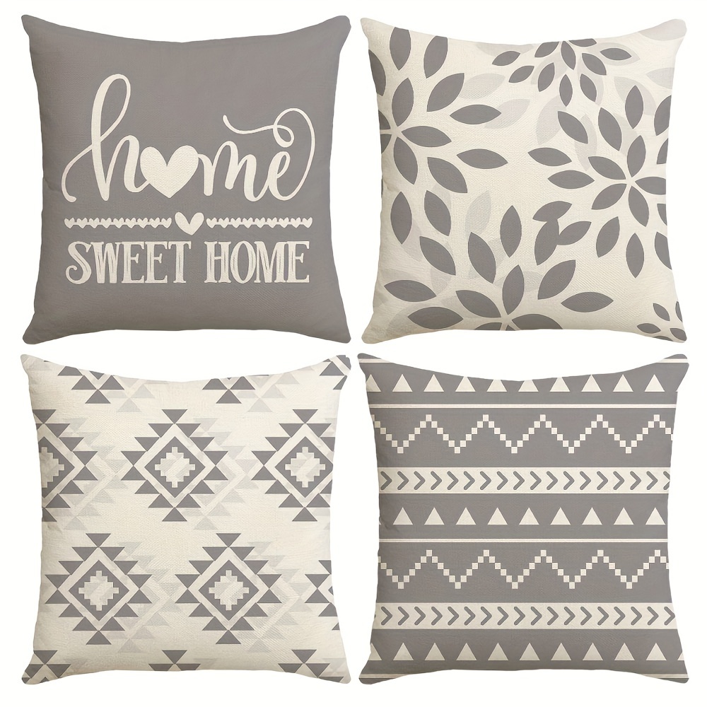 TEMU 4pcs Boho Throw Pillow Covers 17.7x17.7 Inch, Gray Geometric Bohemian Decorative Cushion Covers With Zipper Closure, Hand Wash Sofa Bedroom Farmhouse Home Decor (no Inserts), Decorative Pillows