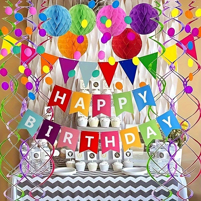 Happy Birthday Banner Decoration Rainbow Colorful Paper Flag Bunting Paper for Boys Girls, Garland Swirl Streamers Honeycomb Ball