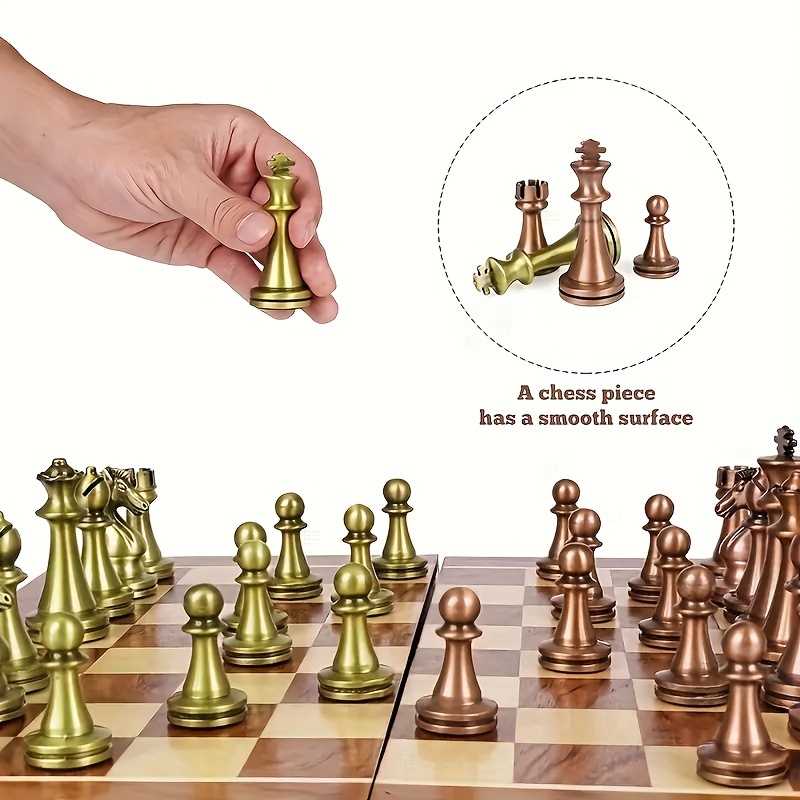 チェスセット 木製折りたたみチェス盤 亜鉛合金ブロンズ金属チェスの駒