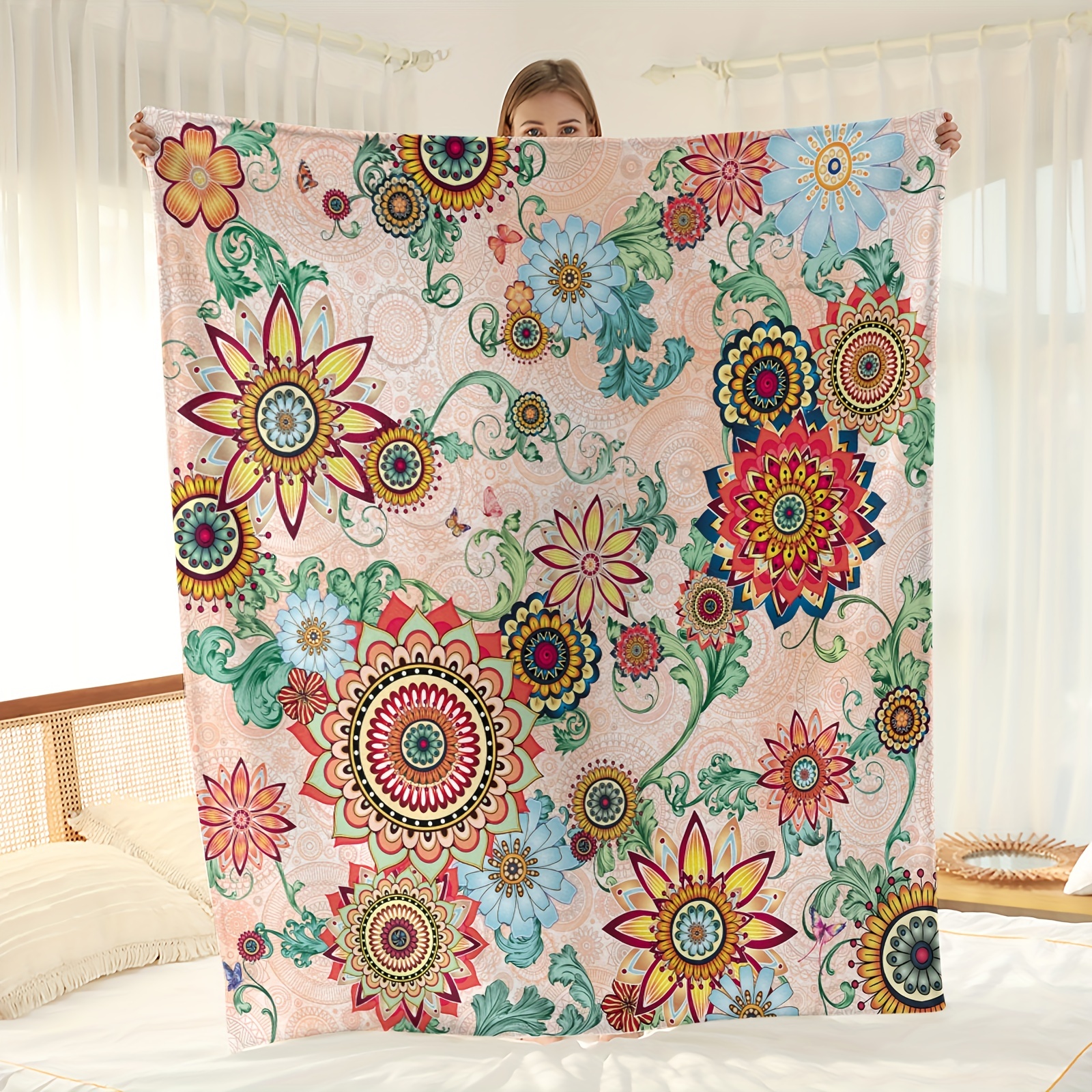 Boho Floral Flannel Blanket With Pillow Cover For Office, Bed
