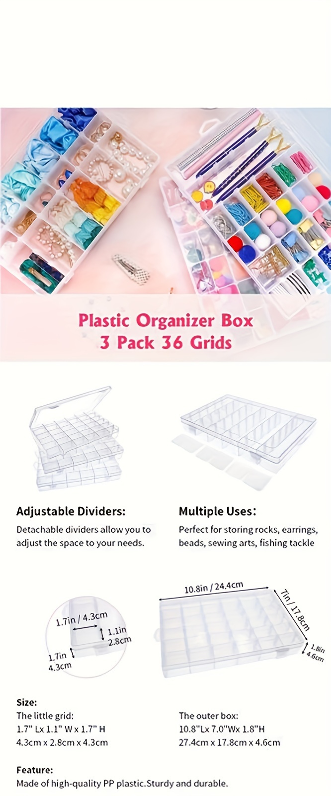Caja organizadora de plástico con 36 compartimentos, caja de almacenamiento  de joyas con divisores ajustables (paquete de 1)