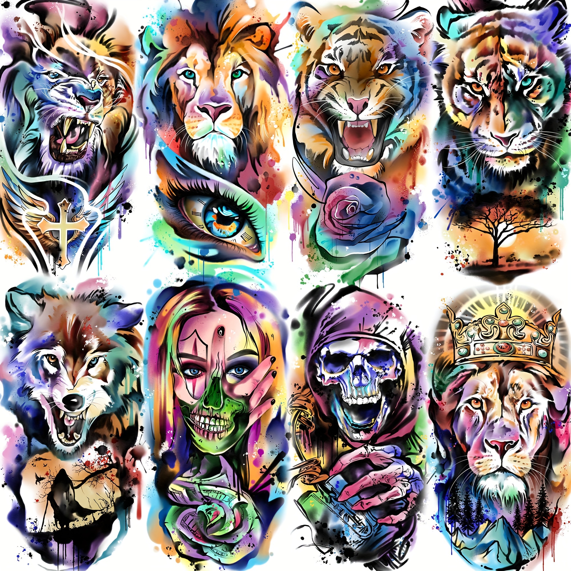 Watercolor Wolf Lion Tiger Temporary Tattoos Women Men - Temu