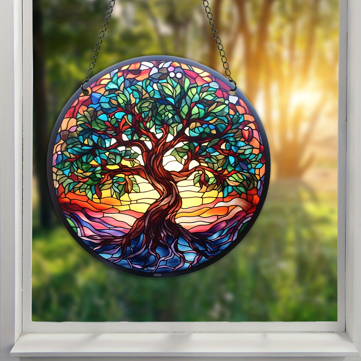 Tree of Life Four Seasons Stained Glass Painting Product,suncatcher Tree,  Gold Colored, Iron Stand, Glass Painting Seasonal Themed Object 