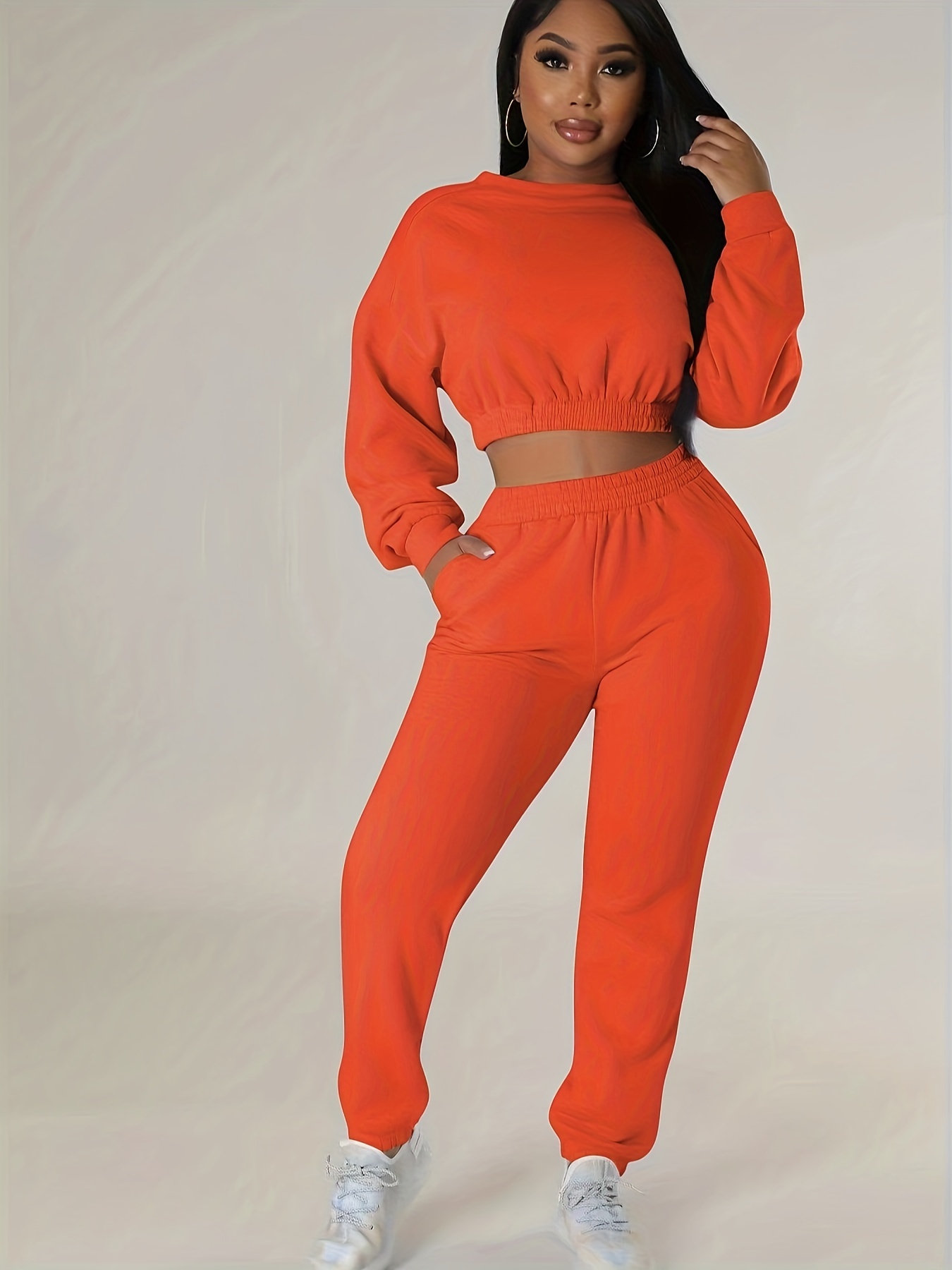 solid casual two piece set crew neck long sleeve tops elastic waist jogger pants outfits womens clothing