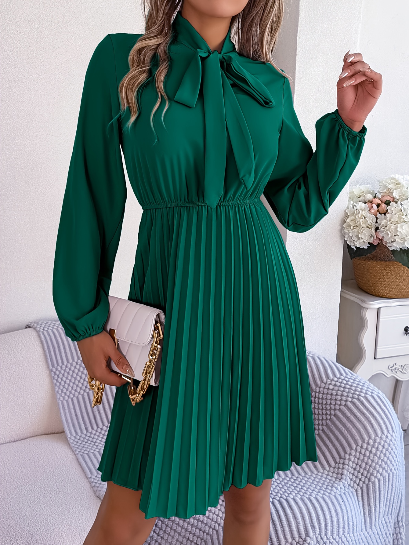 pleated tie neck dress