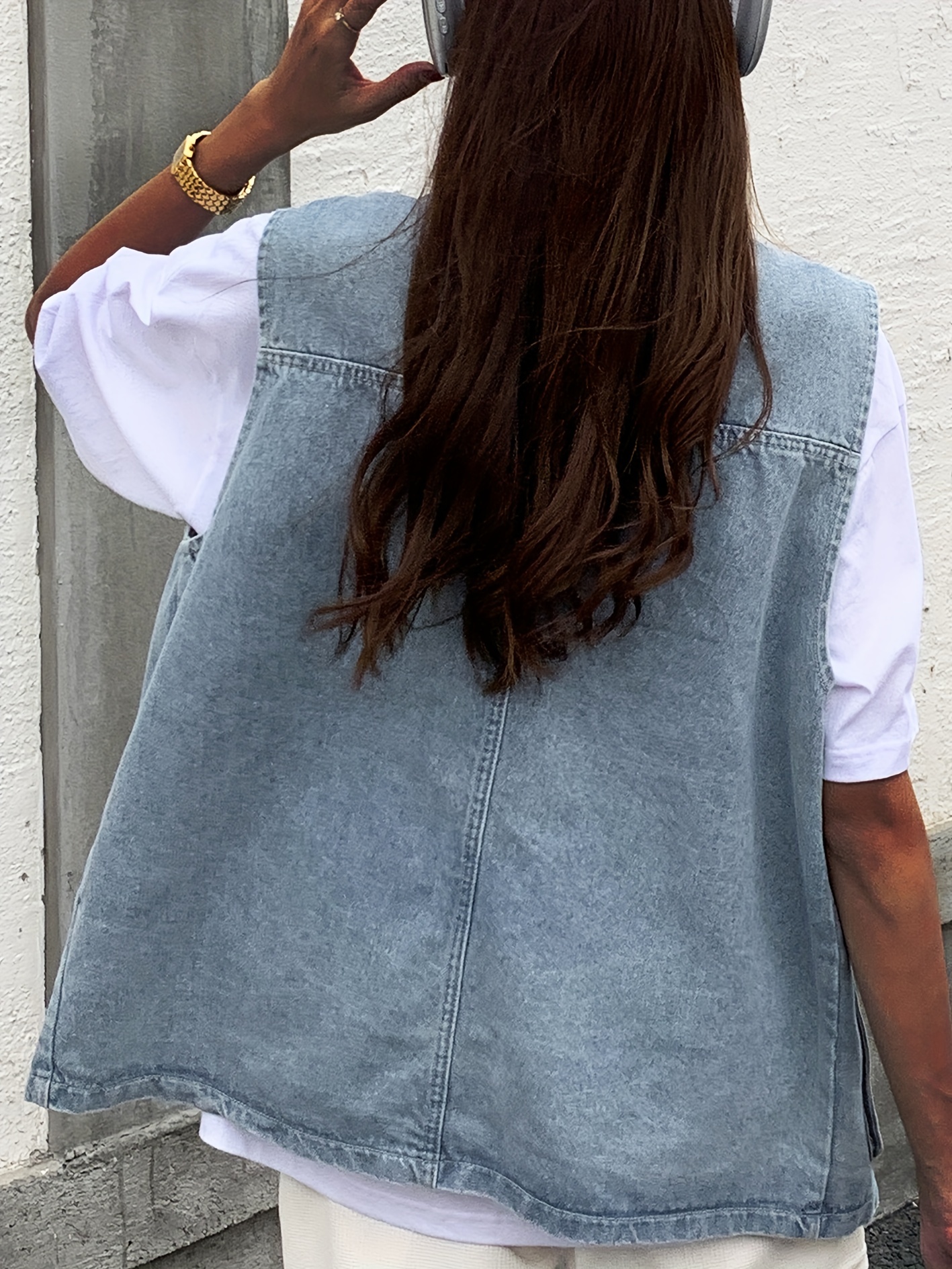 Plus Size Blue Sleeveless Denim Jacket