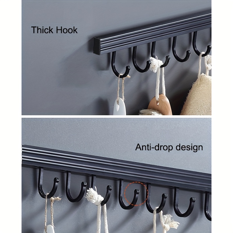 Pot Rack Hanging Wall Mounted Knife Pot Lid Holders Black Sliding Hooks  Kitchen Storage Shelf for Towel Spoon Pan Cookware Set (50CM 8 Hooks)