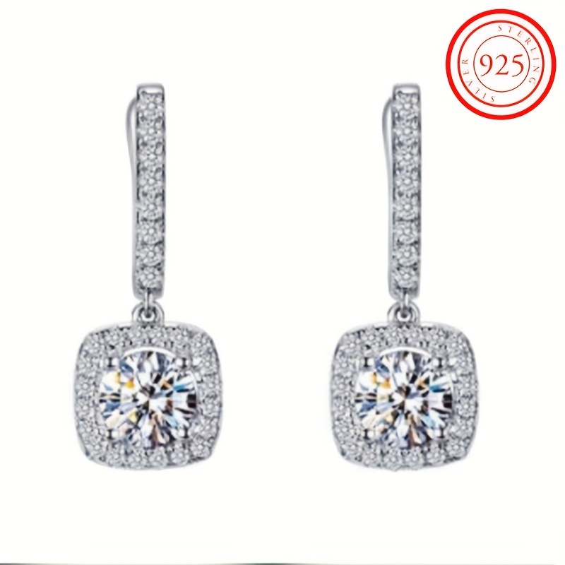 

Sterling 925 Silver Ear Jewelry Square Shape Shiny Zircon Decor Dangle Earrings Luxury Style Banquet Party Ear Ornaments
