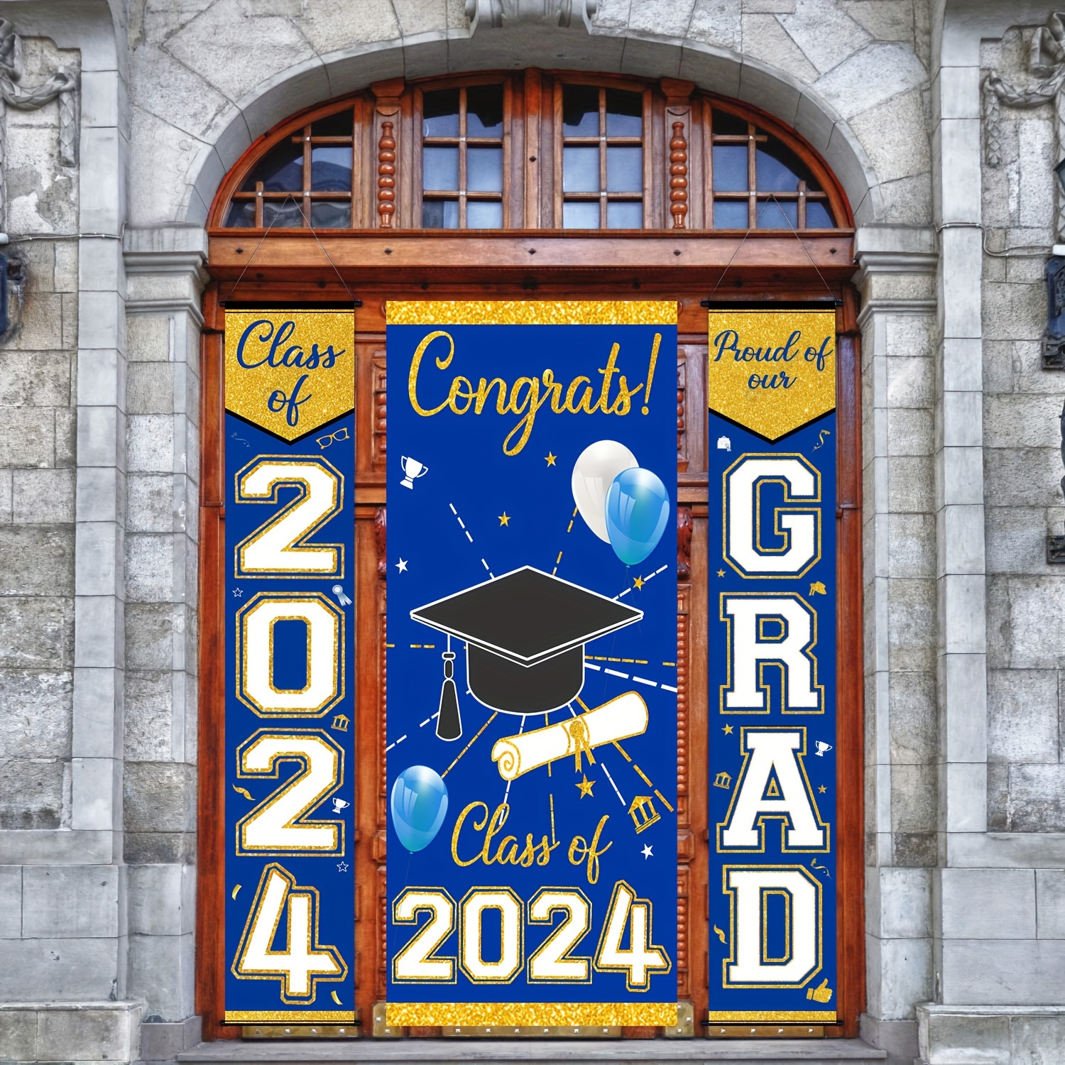 3pcs 2024 Graduation Banner Set, Black& Sliver Graduation Decorations Class of 2024 Door Cover Proud of Our Grad Porch Sign Hanging Background