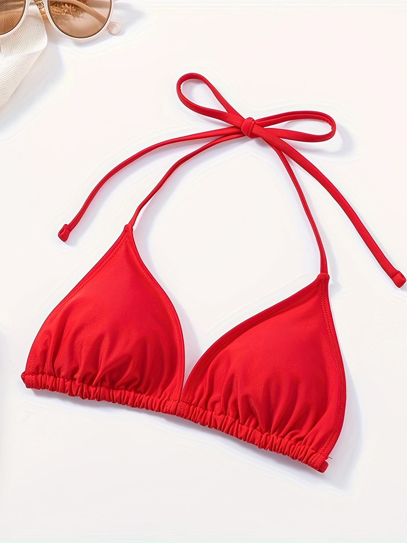 Solid Color Sexy Bikini Top, V Neck Tie Front Stretchy Swimming Top Bra,  Women's Swimwear & Clothing