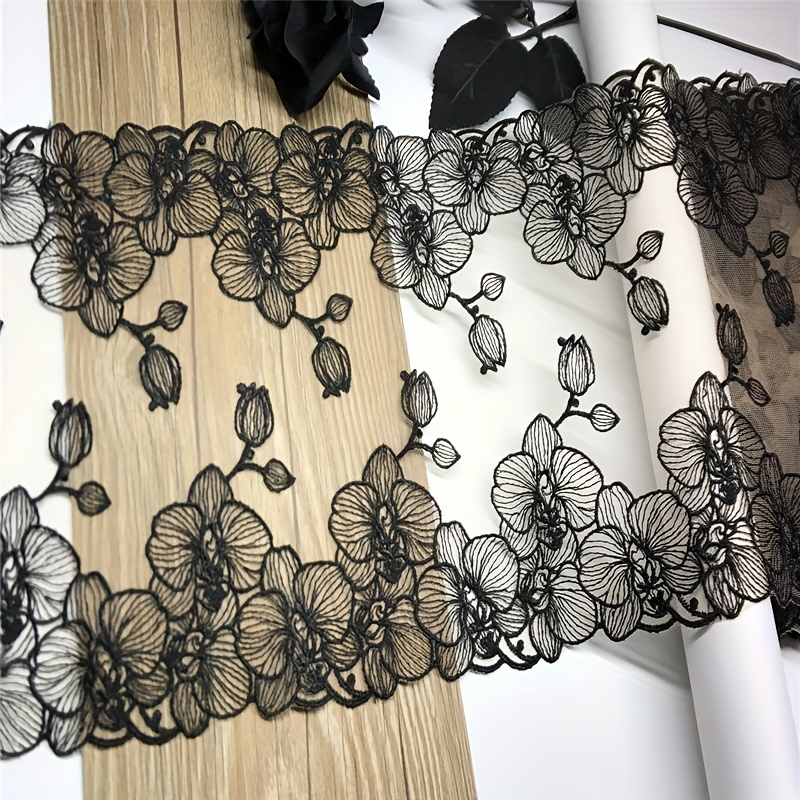 Embroidered Lace Trim Floral Black Silver