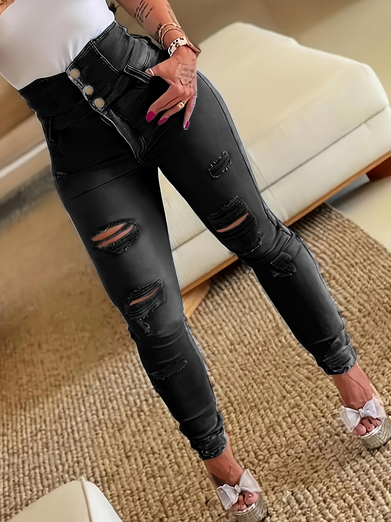 ripped holes casual skinny jeans slash pockets distressed single breasted button high waist denim pants womens denim jeans clothing details 5