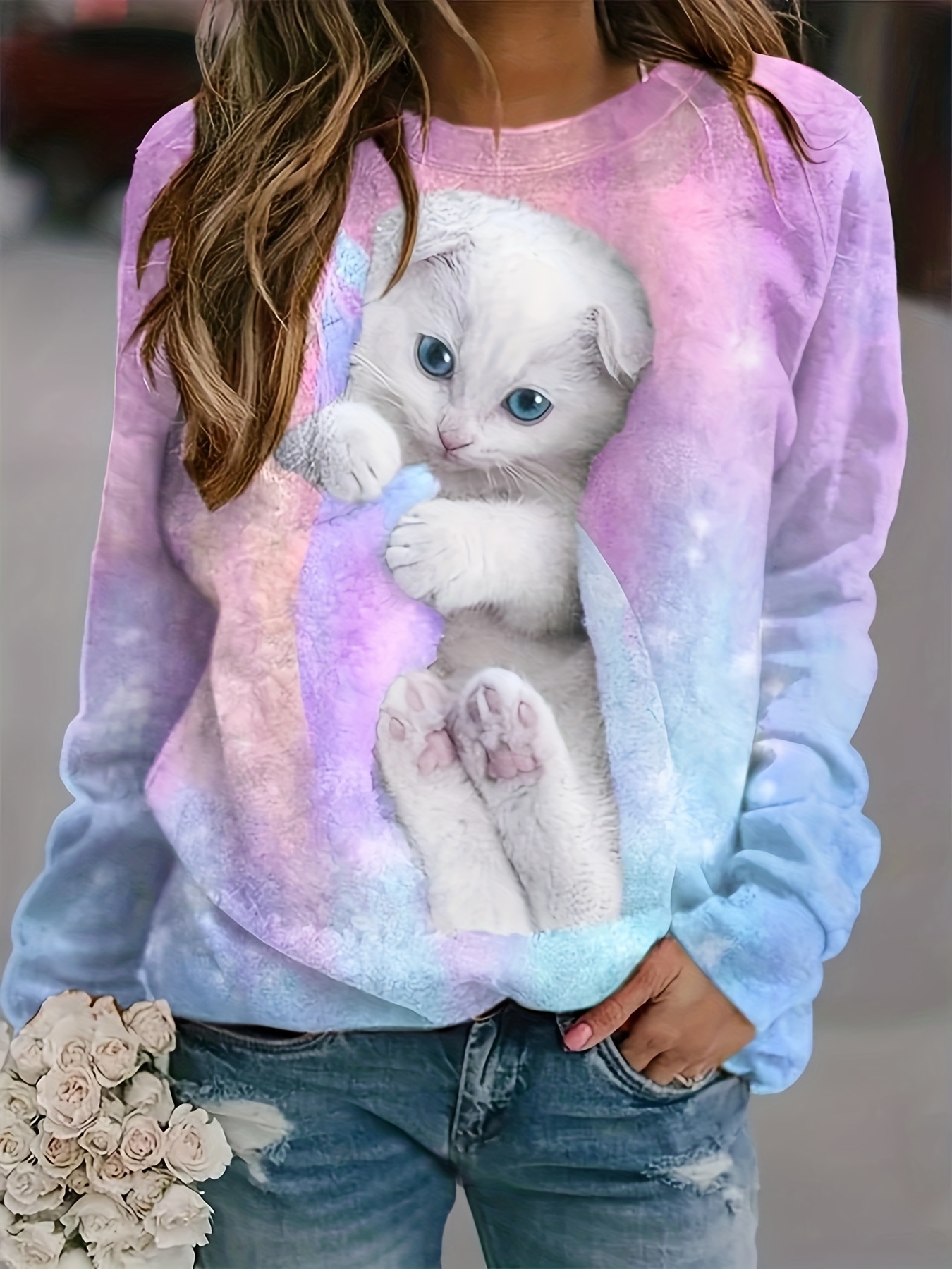 Sweatshirt Cute Print, Cat Print Sweatshirt, Women's Sweatshirts