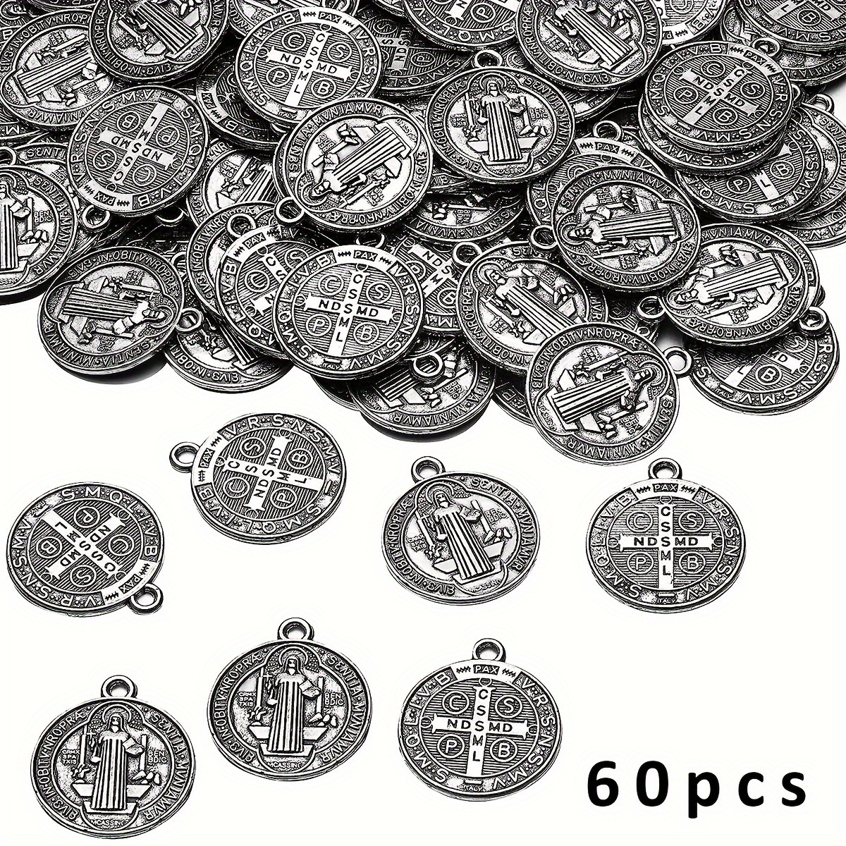Image of 60pcs Of St. Benedict Medals, 0.94 X 1 Inch Christmas Metal Saint Pendants, Silvery St. Benedict Protective Charm Pendants, Gifts For Making Jewelry For Men And Women