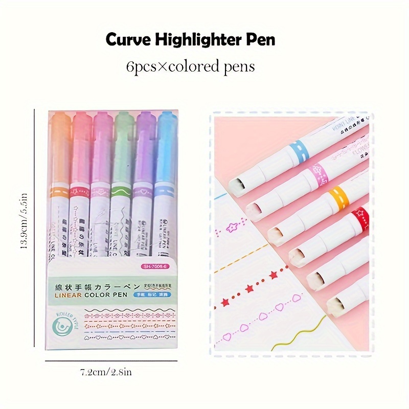 6pcs Curve Line Fine Tip Highlighter Pen Colored Pens for Scrapbooks Journaling  Markers Writing Note Taking