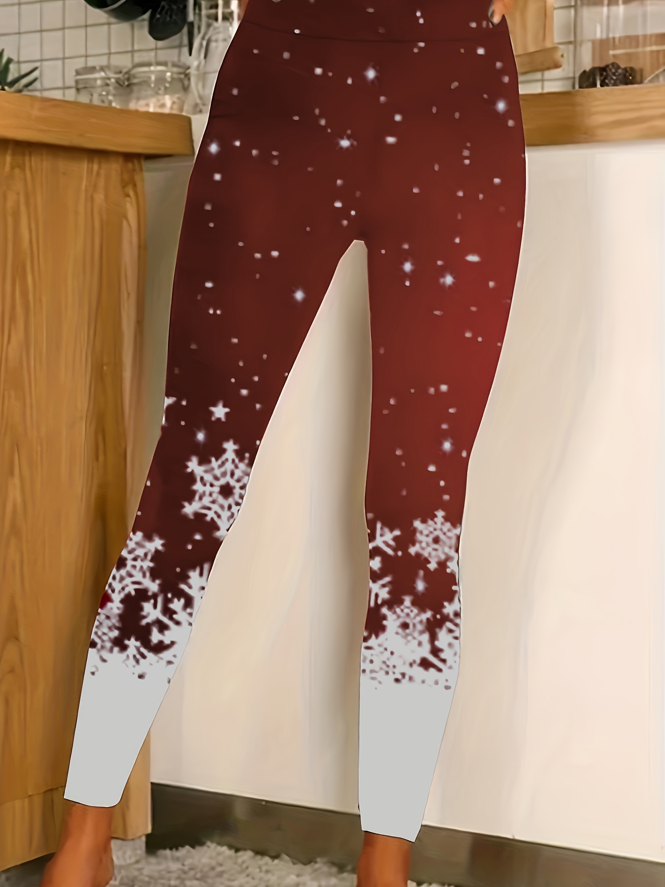 Christmas Snowflake Print Leggings Casual Skinny Long Length - Temu