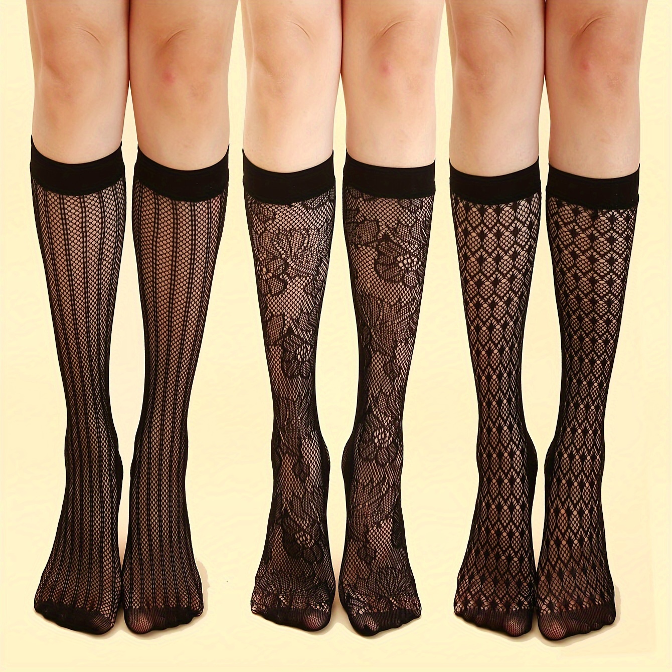 

3 Pairs Floral Lace Knee High Socks, Ultra-thin Sheer Calf Socks, Women's Stockings & Hosiery