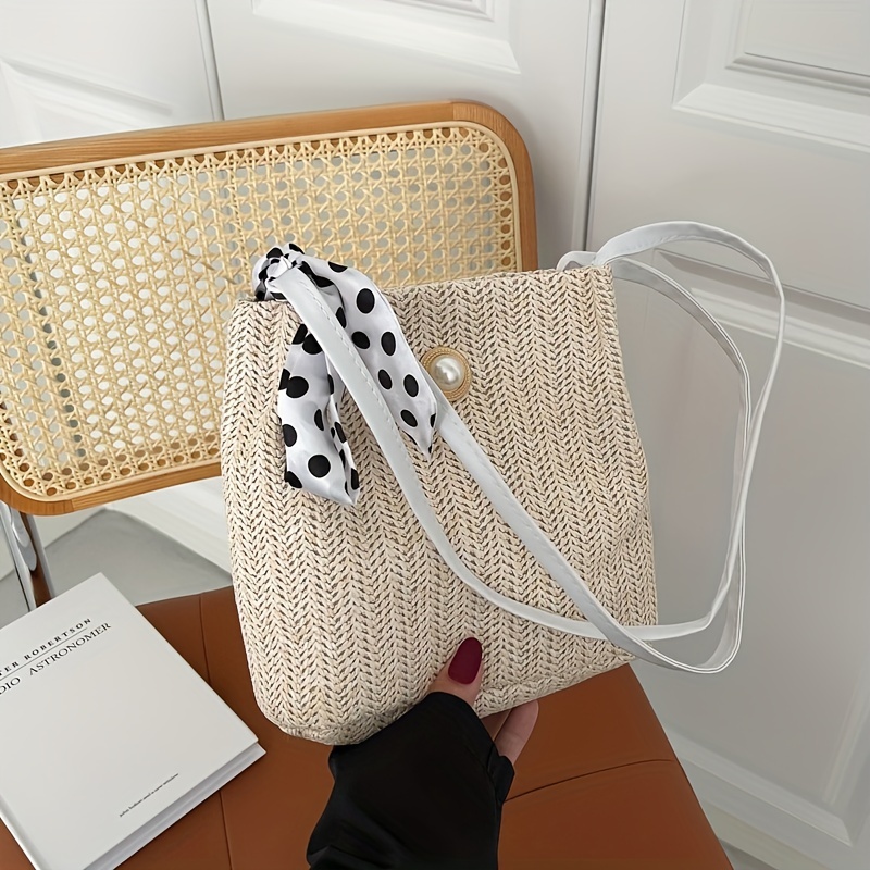 Woven Straw Design Shoulder Bag with Polka Dot Scarf