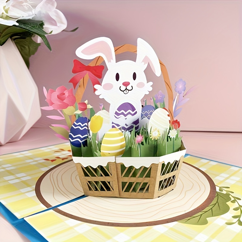 

1pc Easter Basket Bunny 3d Pop-up Greeting Card - Theme, Cartoon Pattern, Paper , Special Pop-up , Suitable For Anyone - Easter Card For