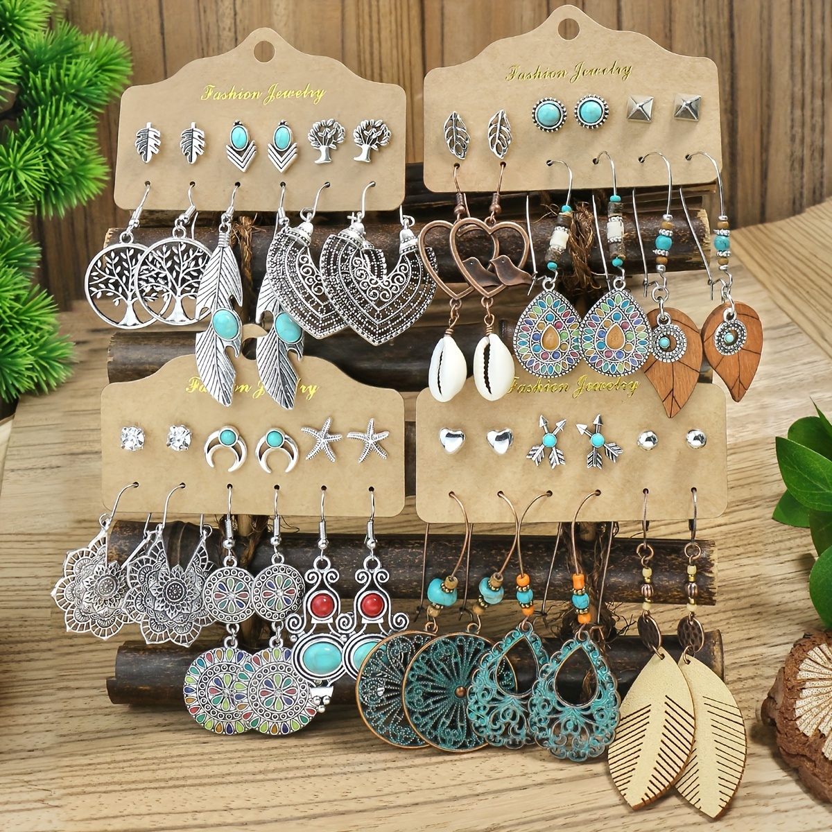 

24 Pairs/ Set Bohemian Style Stud Earrings & Dangle Earrings With Turquoise Inlaid Trendy Holiday Vacation Ear Accessories