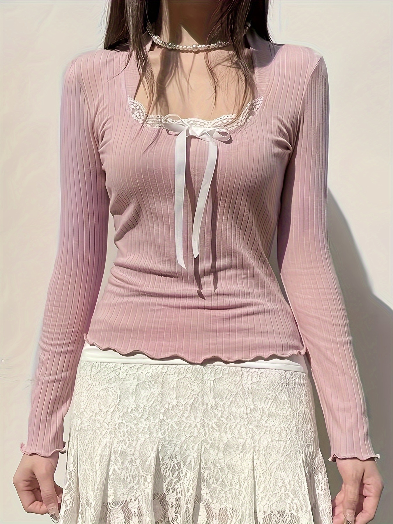 Women's Y2K Fairy Long Sleeve Top Retro Lace Trim Patchwork T-Shirt Slim  Fit Coquette Aesthetic Clothes