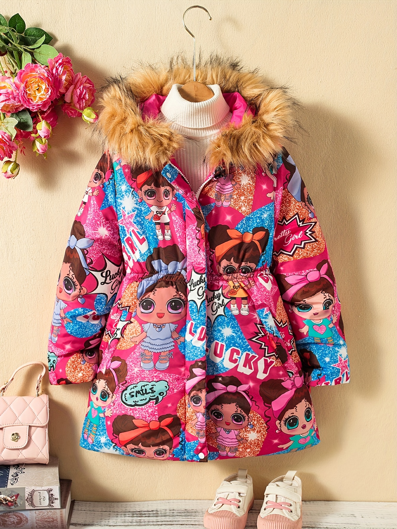 Fashionable Girls' Cartoon Girls Graphic Hooded Winter Coat - Temu Canada