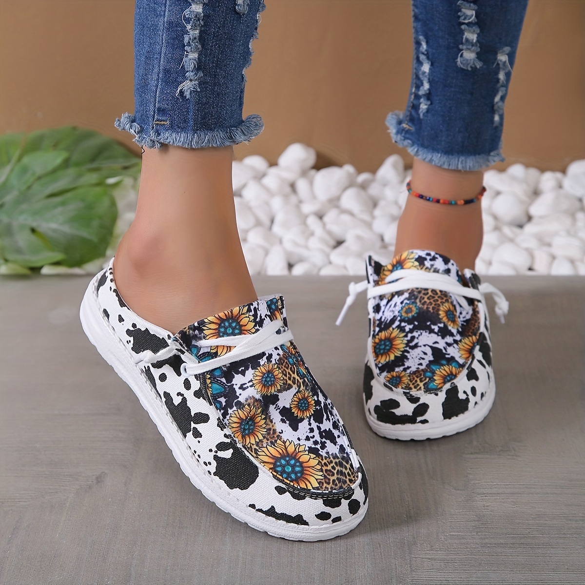 Sunflower & Cow Pattern Mule Sneakers Lace Up Shoes