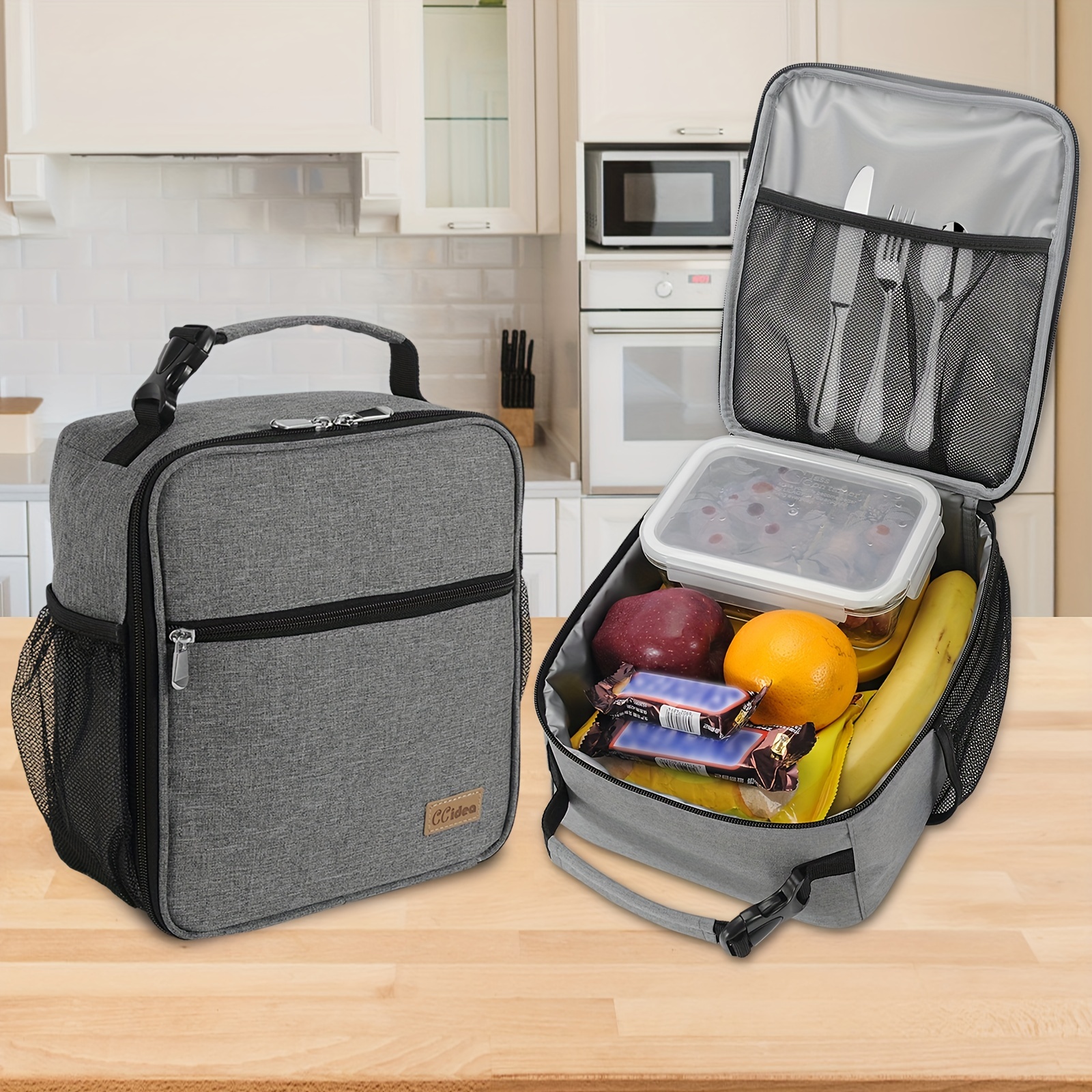 Portable Zipper Lunch Bag with Side Pocket