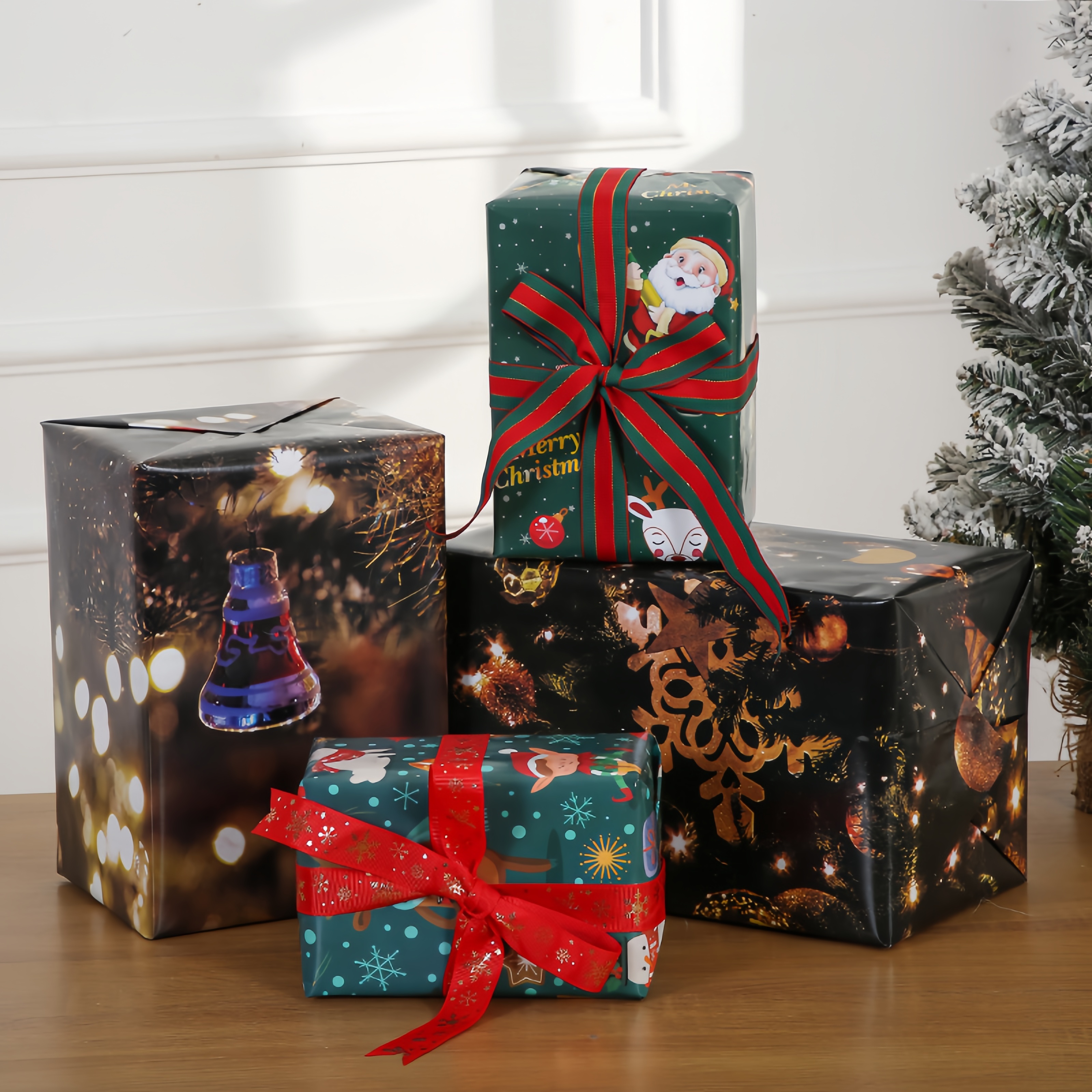 Christmas wrapping. Gift box, present with craft wrapping paper