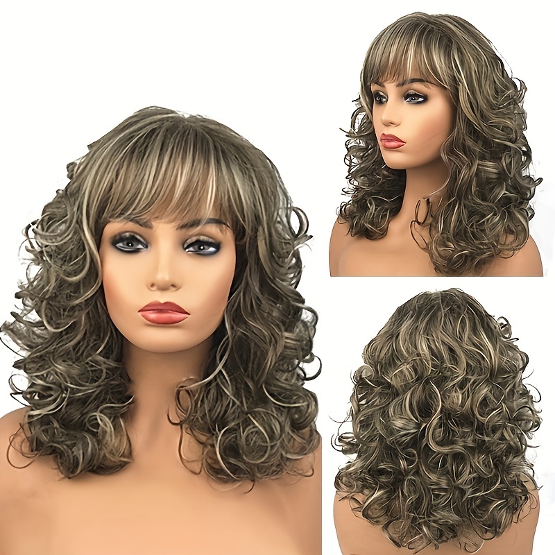 

Highlight Medium Long Wavy Wig With Bangs Synthetic Wig Beginners Friendly Heat Resistant Wig For Women