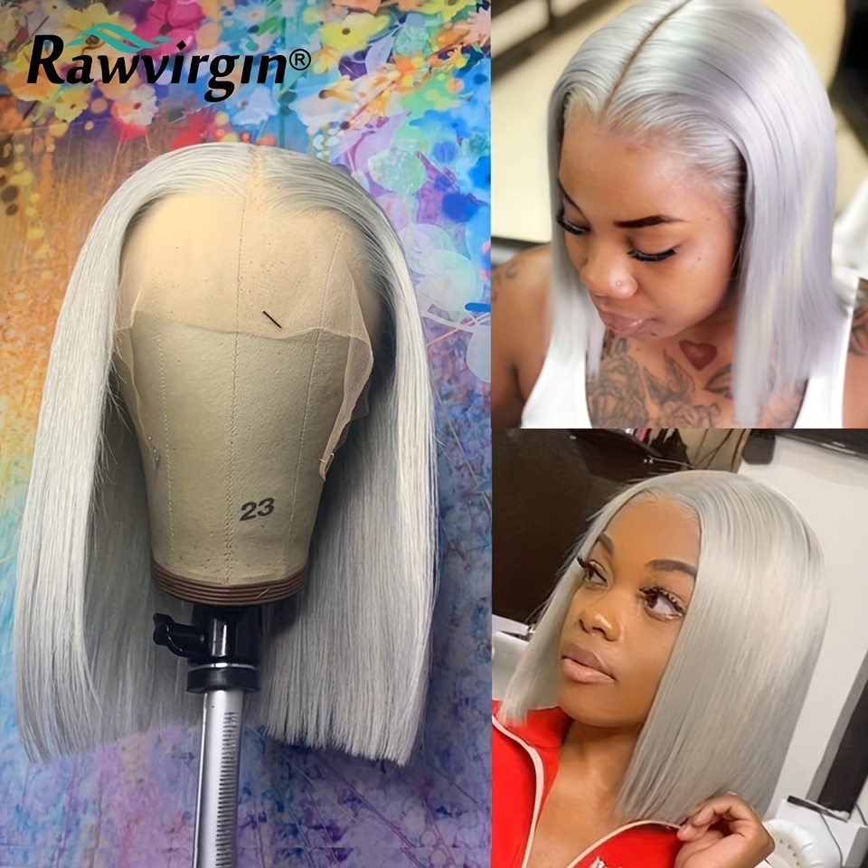 Ash Grey Short Bob Wigs Lace Front Human Hair Wigs HD Ash Brown Highlight  Wigs