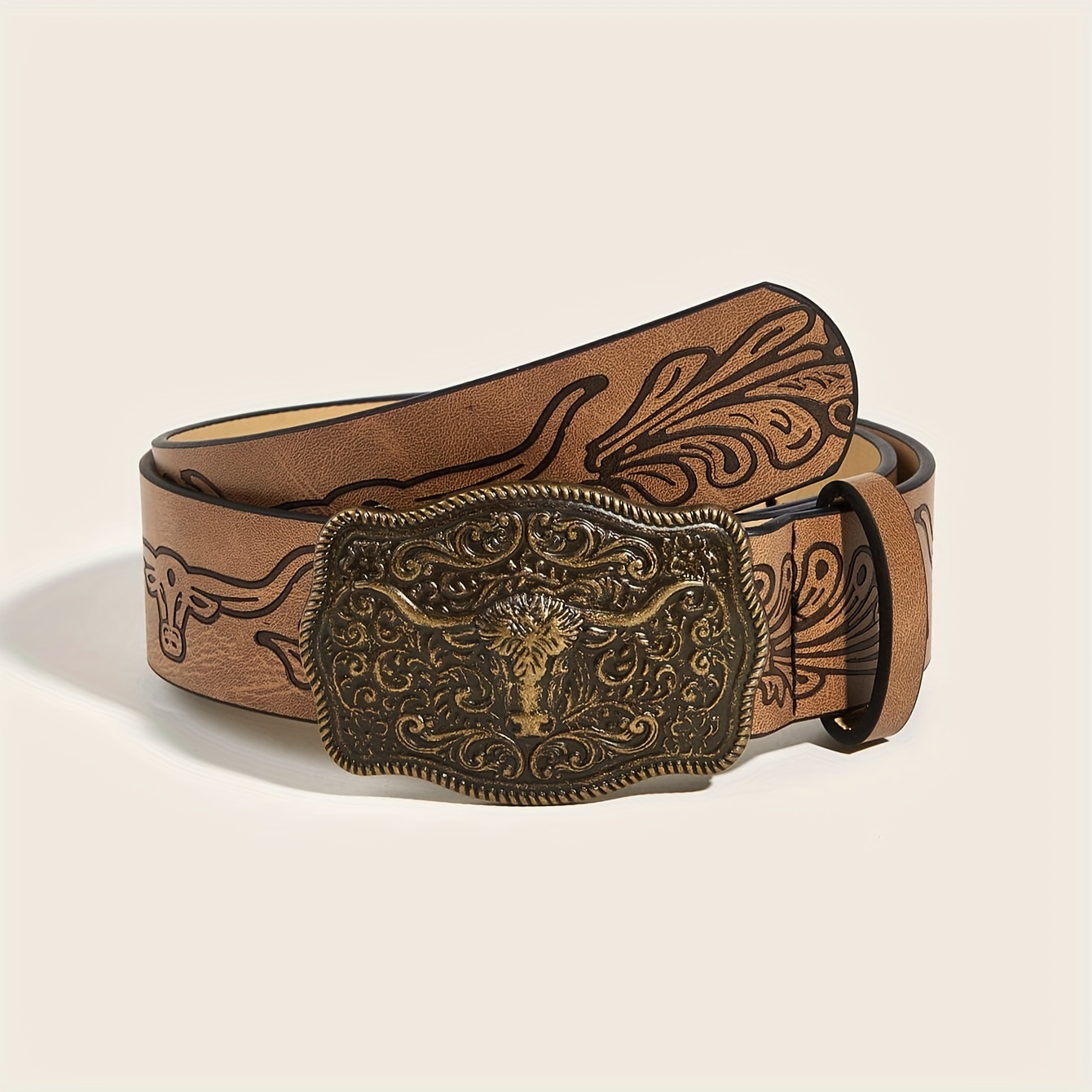 Vintage Bull Head Buckle Belt Western Embossed Solid Color - Temu