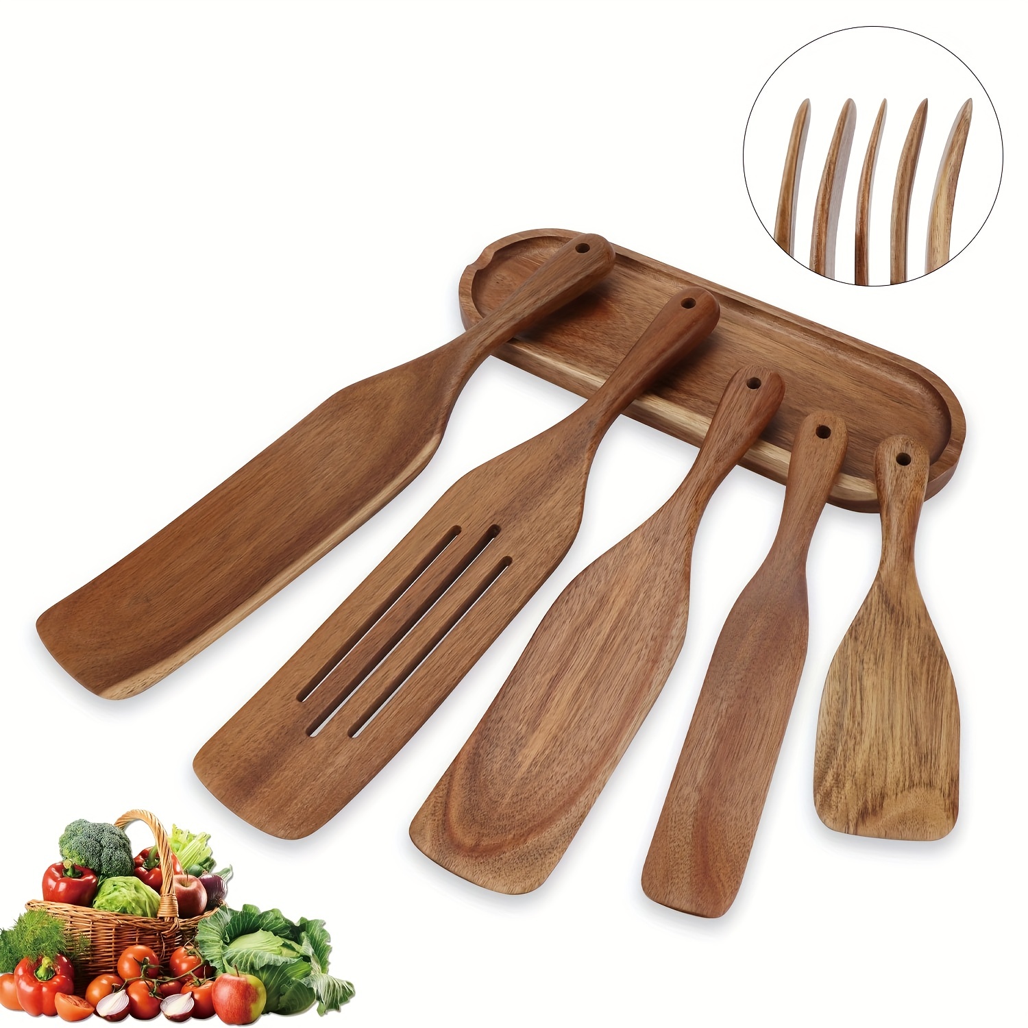  KITEISCAT Cucharas de madera de acacia para cocinar: juego de  utensilios de cocina y cocina de 5 piezas - espátula de madera, cuchara  ranurada y para pasta - Juego de utensilios