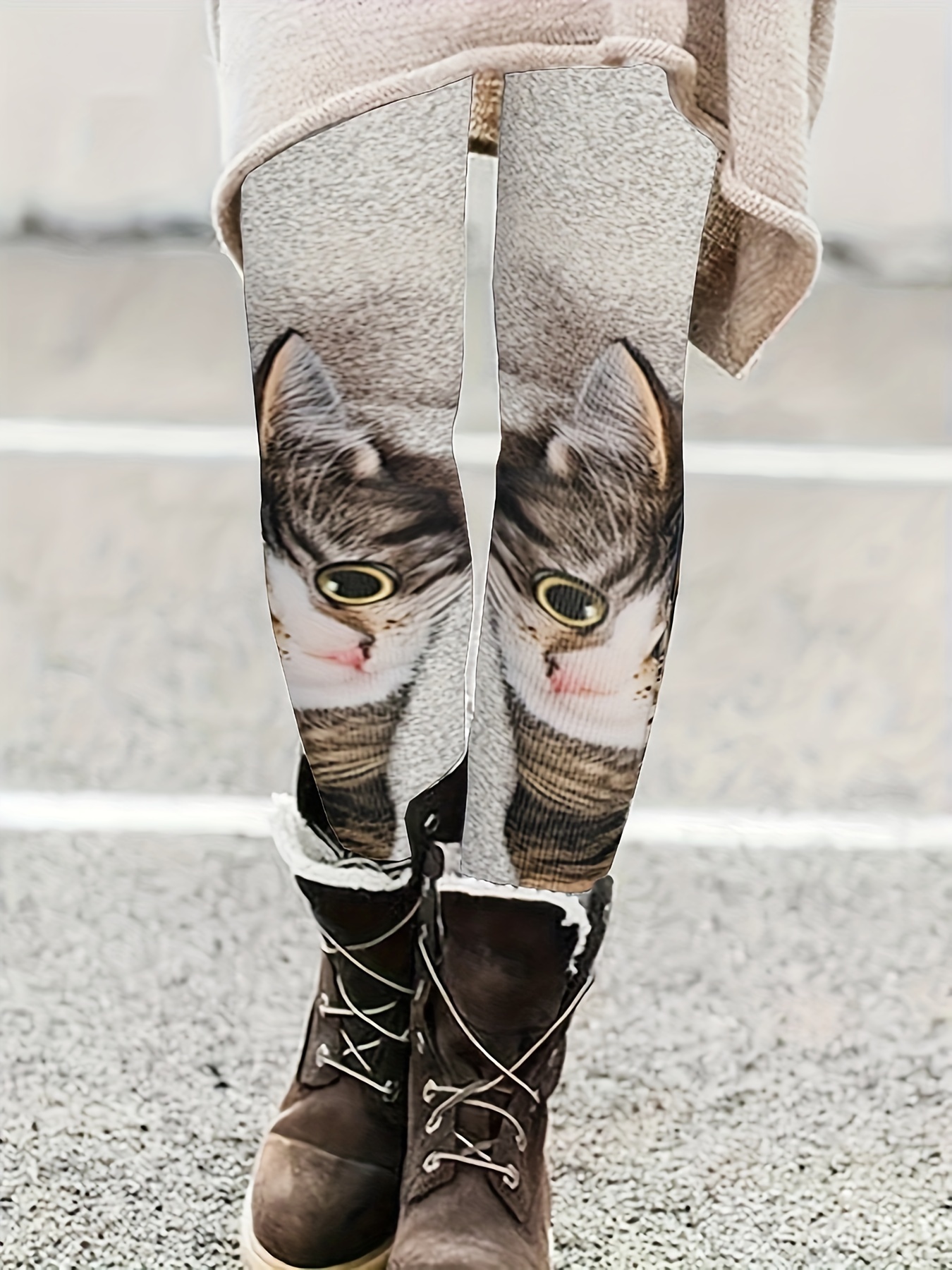 Cute Cat Print Skinny Leggings Casual Elastic Waist Stretchy - Temu