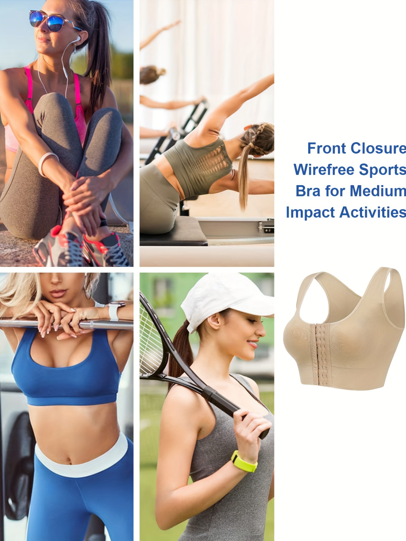 Full Coverage Open Front Hook Sports Bra, Slight Stretch Yoga Running Bra,  Women's Activewear