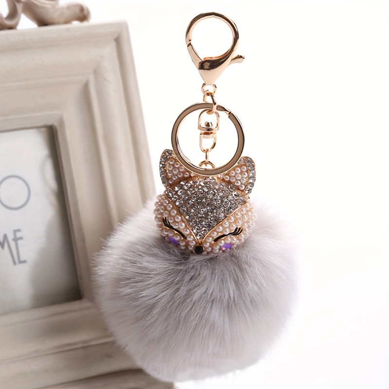 Source Crystal Rhinestone Owl Key Chain Rabbit Fur Fluffy Pompom