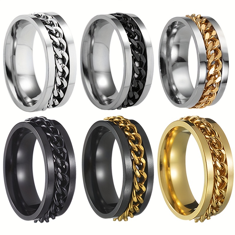 6pcs Stainless Steel Rings with Rotatable Chain, Couple Ring, Multi-functional Jewelry, Jewels, Fashion 8mm Ring, Trendy Gifts for Men,Temu