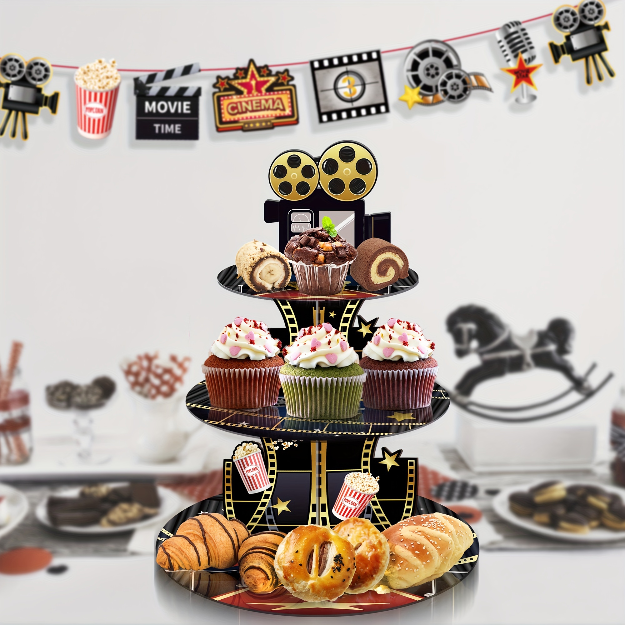 3-layer Hollywood Cinema Festival Party Cupcake Stand Movie Time