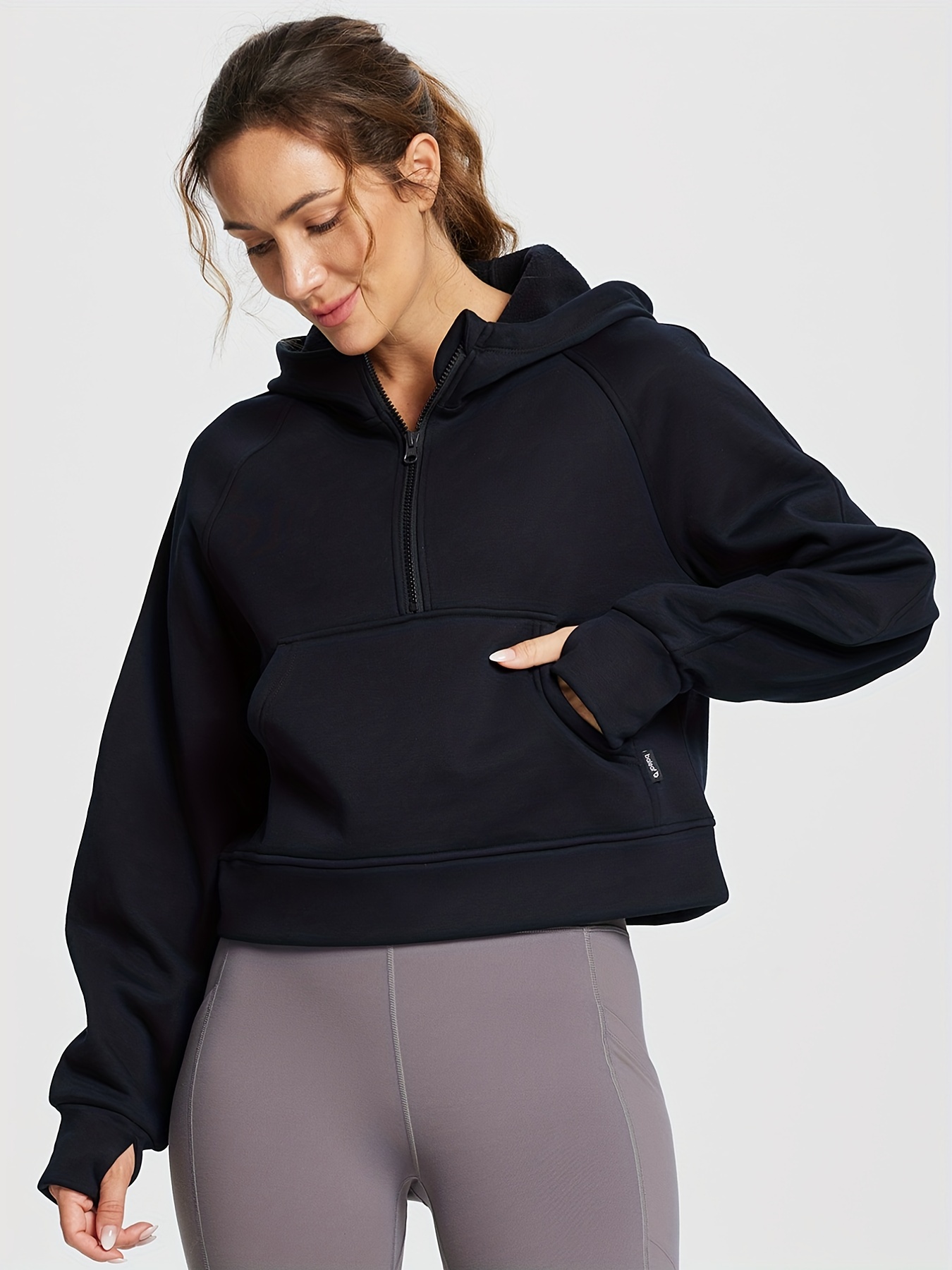 The Gym People Womens' Hoodies Half Zip Long Sleeve Fleece Crop Pullover Sweatshirts with Pockets Thumb Hole